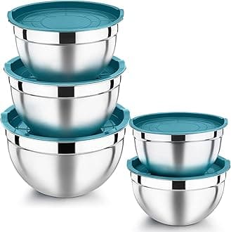 Homikit Stainless Steel Mixing Bowls with Airtight Lids, 5 Piece Nesting Salad Bowls for Space-Saving Storage, Metal Serving Bowl for Kitchen Baking/Cooking/Prepping, Size 14/16/18/22/26cm