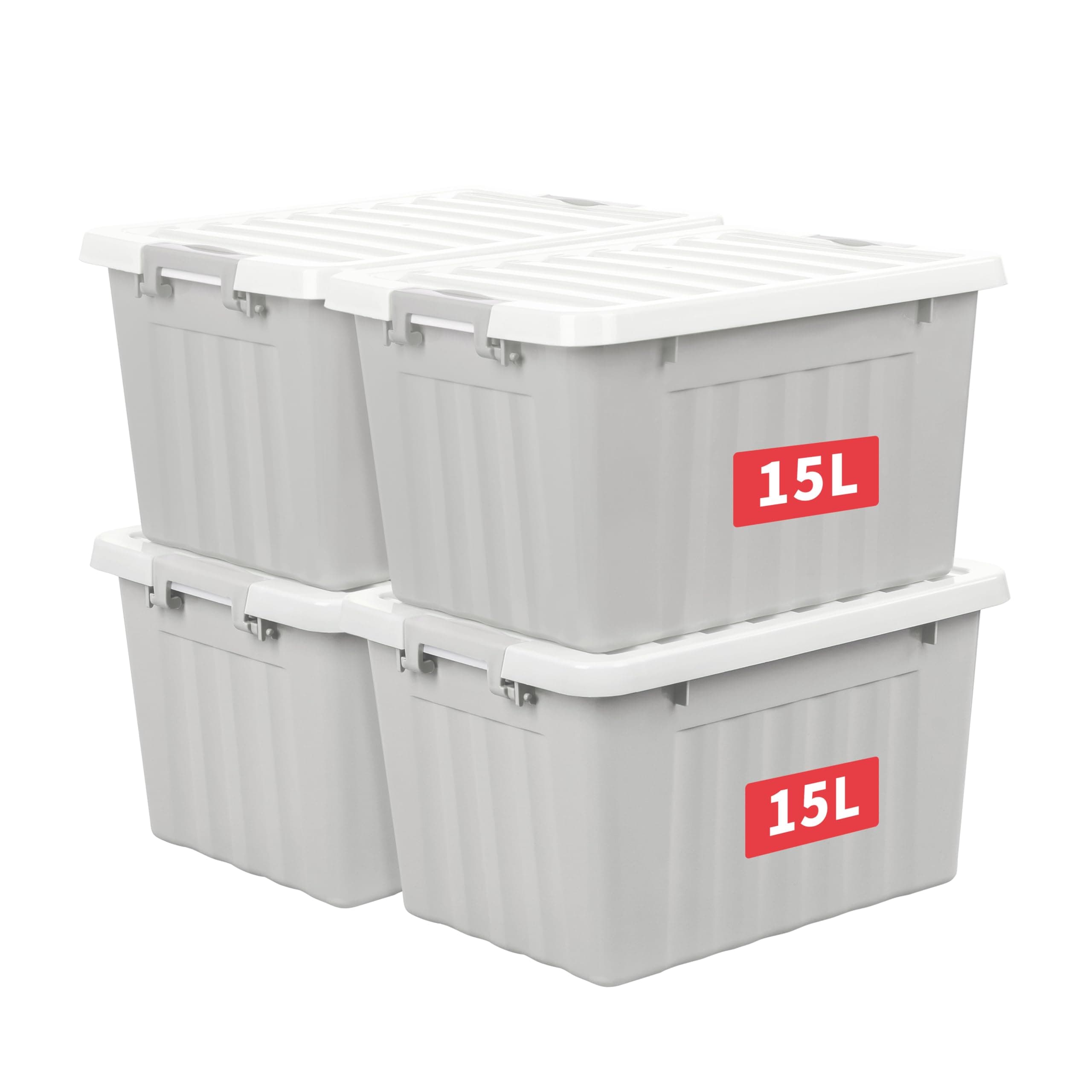 Cetomo 15L*4 Storage Boxes with Lids, Plastic Storage Box with Secure Side Latches, Stackable & Nestable Organizer for Home, Office, Moving, PP, Gray, 15L-4 Pack