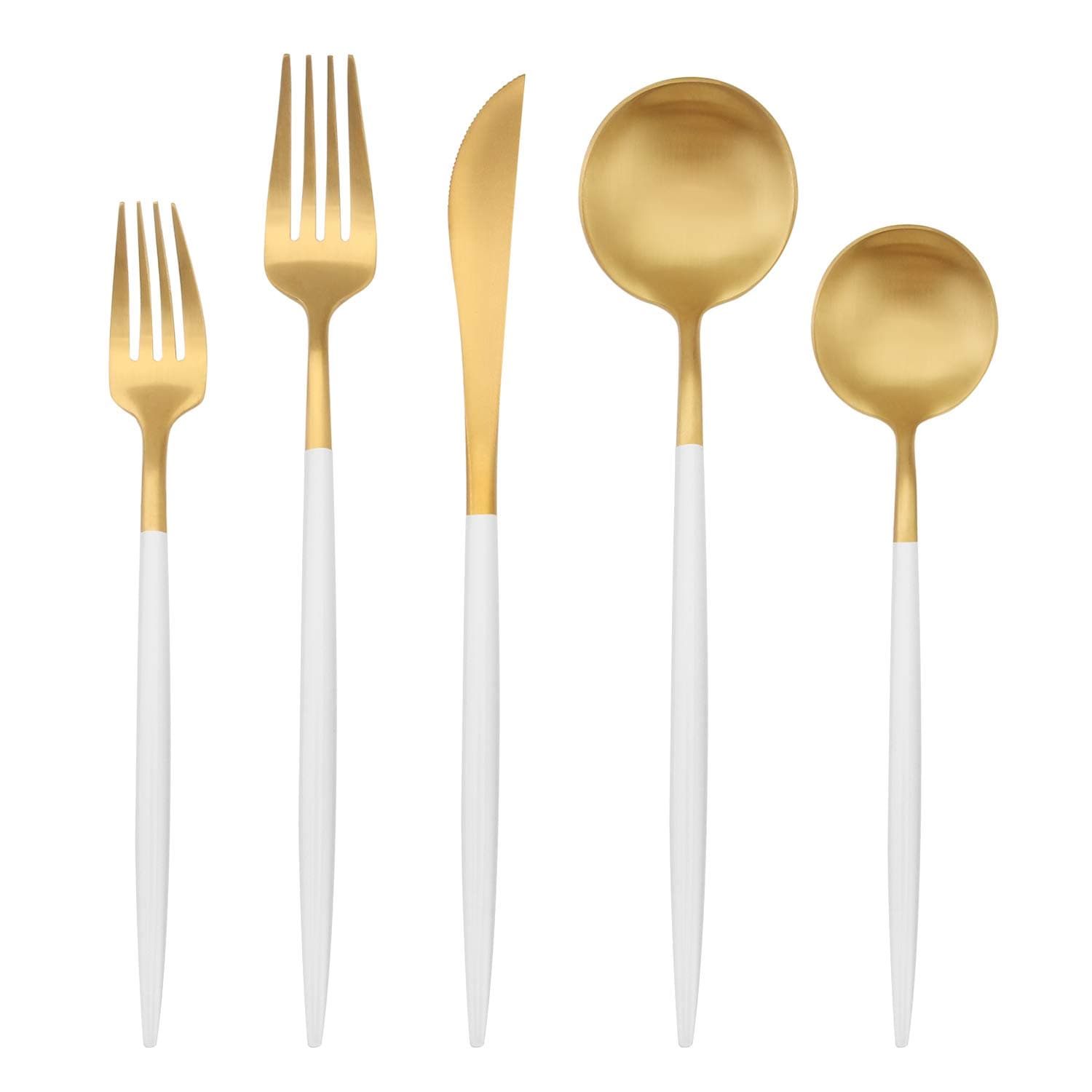 Matte Gold Silverware Set with white handle, Bysta 5-Piece Stainless Steel Flatware Set, Kitchen Utensil Set Service for 1, Tableware Cutlery Set for Home and Restaurant, Satin Finish, Dishwasher Safe