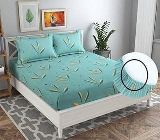 BSB HOME Premium Cotton Feel Elastic Fitted Bedsheets with 2 King Size Pillow Covers | Double Bed with All Around Elastic 180 TC Supersoft | Size - 72 x 78 + 10 inches | Mint Green