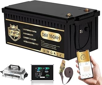 36V 150Ah Lithium Golf Cart Battery, Lifepo4 Battery with 43.8V 25A Charger, Built-in 200A BMS, LCD Monitor & Mobile APP, Peak Current 600A .7.68kW Power Output, Perfect for Golf Carts, Solar