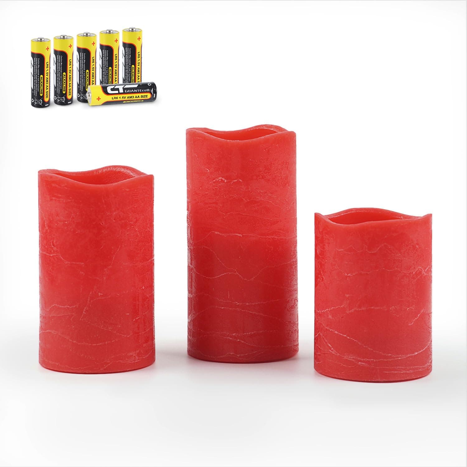 Rhytsing Red Battery Operated Flameless Led Candles with Timer Function, Warm White Flickering Light, Real Wax Finish, 6 Batteries Included - Set of 3