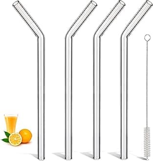 10 Inch 10mm Thick Reusable Glass Straws Bent - Long Clear Drinking Straws Wide for Smoothies, Milkshakes, Hot & Cold Beverages, Durable Borosilicate Glass, Shatter Resistant, BPA Free