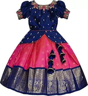Girls Polyester Blend New South Indian Traditional Pattu Pavadai Jecquard Readymade Lehenga Choli Dress