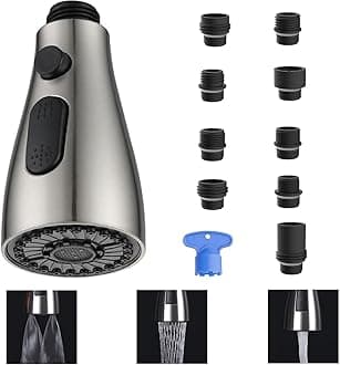 Kitchen Faucet Sprayer Head Replacement - Pull Down Faucet Spray Head with 9 Adapters, for Moen, Delta- American Standard - 3 Functions Spray Head Spiral (Brushed Nickel)