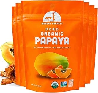 Mavuno Harvest Papaya Dried Fruit Snacks | Organic Dried Papaya Slices | Gluten Free Healthy Snacks for Kids and Adults | No Sugar Added, Vegan, Non GMO, Direct Trade | 2 Ounce, Pack of 6