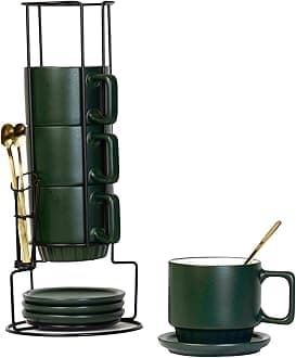 Coffee Mug Set of 4-11.5 Oz Porcelain Stackable Coffee Mugs with Saucers, Spoons & Metal Stand - Ceramic Tea Cups with Rack - Dishwasher & Microwave Safe