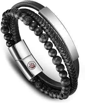 Mens Leather Bracelet – Classic Handmade Braided Black & Brown Cuff Bracelet with Engraved Magnetic Clasp Free Jewelry Gift Boxed