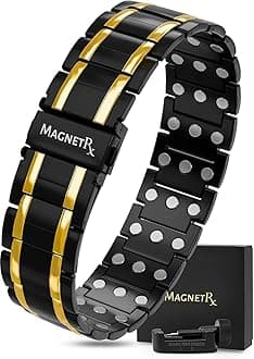 MagnetRX® 3X Strength Titanium Magnetic Bracelet – Magnetic Bracelets for Men – Premium Fold-Over Clasp and Adjustable Length with Sizing Tool (Black/Gold)