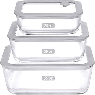 Glass Food Containers with Glass Lid, Microwave Safe Food Storage Container Set, 3 Pack, Square Shape, Food Containers with Lids, Meal Prep containers with Leak Proof Lid.