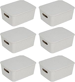 Storage Baskets with Lids - Set of 6 Stackable Plastic Boxes with Handles - Decorative Shelf Organizer Bins for Bathroom and Closet, Grey, 1 Gallon
