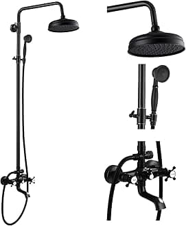 gotonovo Bathroom Shower Faucet Rain Mixer 8 Inch Round Shower Head Double Cross Handle with Tub Spout Wall Mount Bathroom Shower Fixtures 3 Function Metal Handheld Sprayer Oil Rubbed Bronze