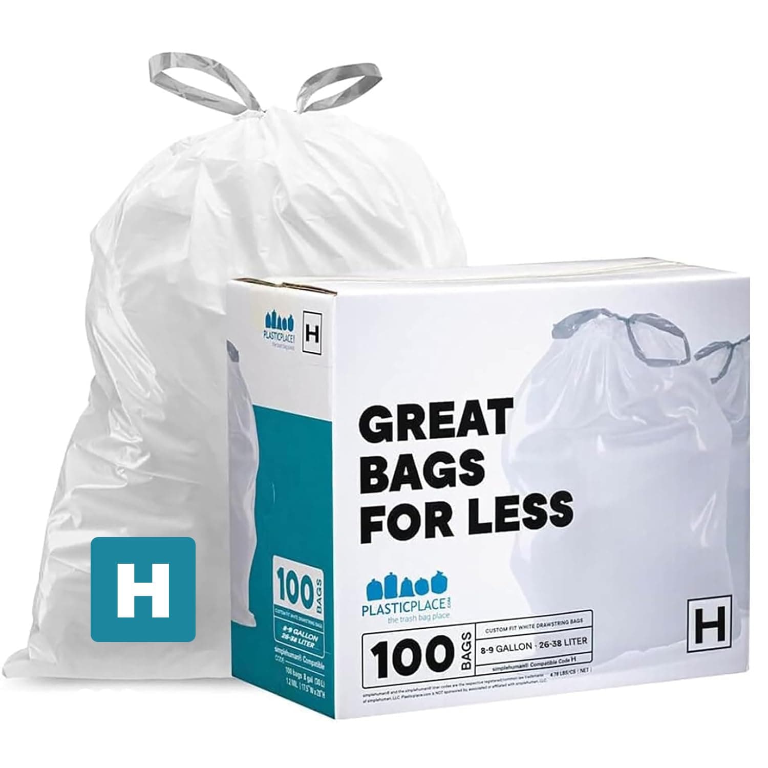 Plasticplace Bin Bags, Compatible with Simplehuman Code H, 8-9 Gallon Rubbish Bin Liners, White Drawstring Rubbish Bags, 100 Count, 18.5"x28", Heavy Duty, Tear-Resistant Kitchen & Bathroom