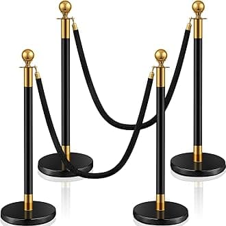 Stainless Steel Stanchion Post Queue 5 ft Red Velvet Rope Red Carpet Ropes and Poles Crowd Control Barriers Sand Injection Hollow Base and Velvet Ropes Set for Party Supplies (4 Pieces, Black, Gold)