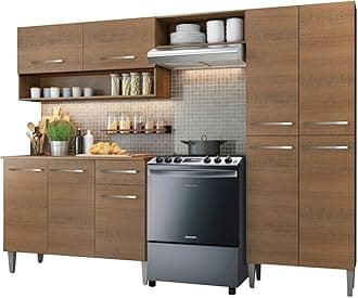 Madesa Full Modular Kitchen Complete Set with Cabinets Ample Storage 229 Cm Wide with Multiple Compartments, 4 Cabinets, 2 Pull-Out Drawers, Wall Hang - Brown