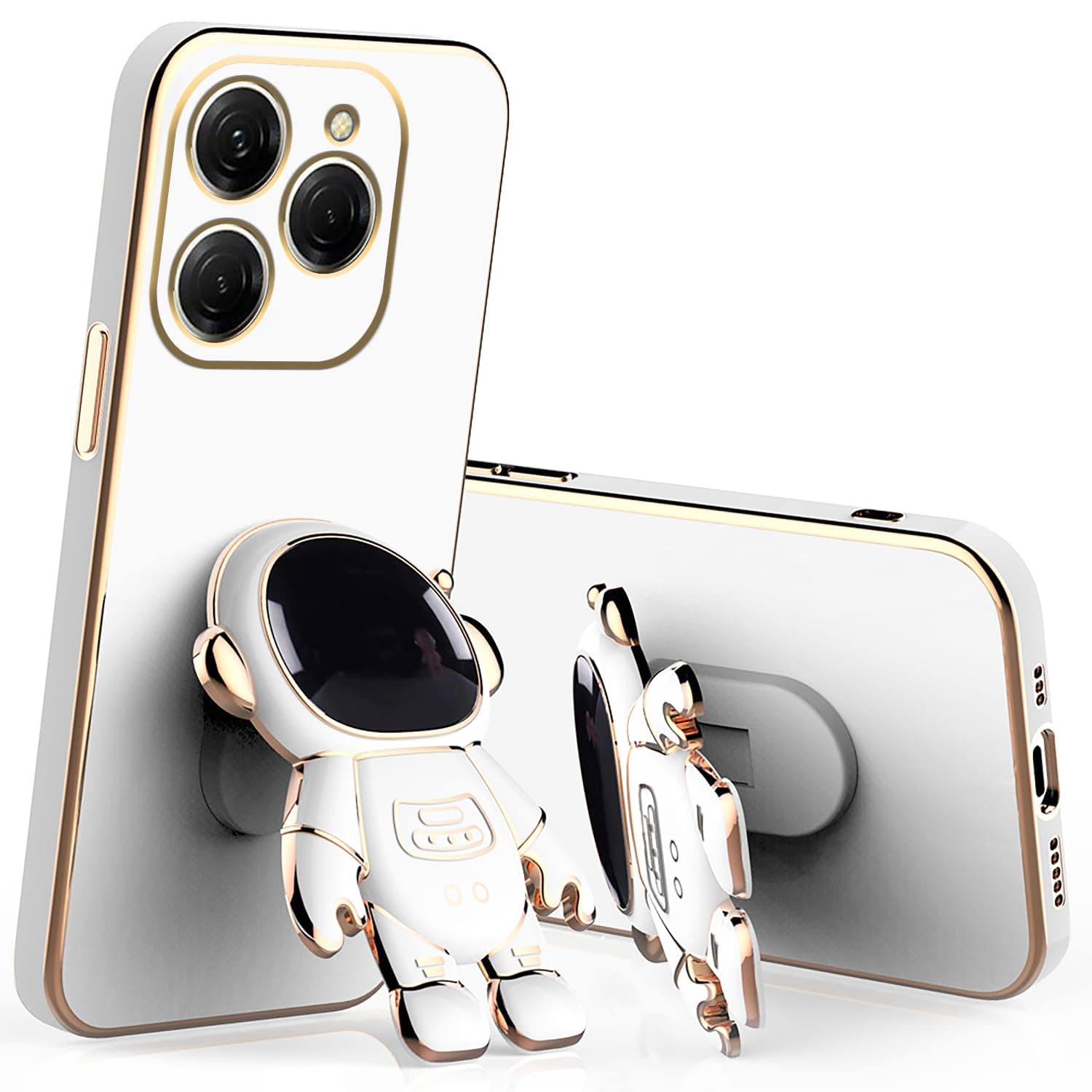 Compatible with Tecno Spark 20 Pro Case Silicone Cute Cases with Astronaut Stand, Phone Case for Tecno Spark 20 Pro Slim Plating Protection Shockproof Cover (White)