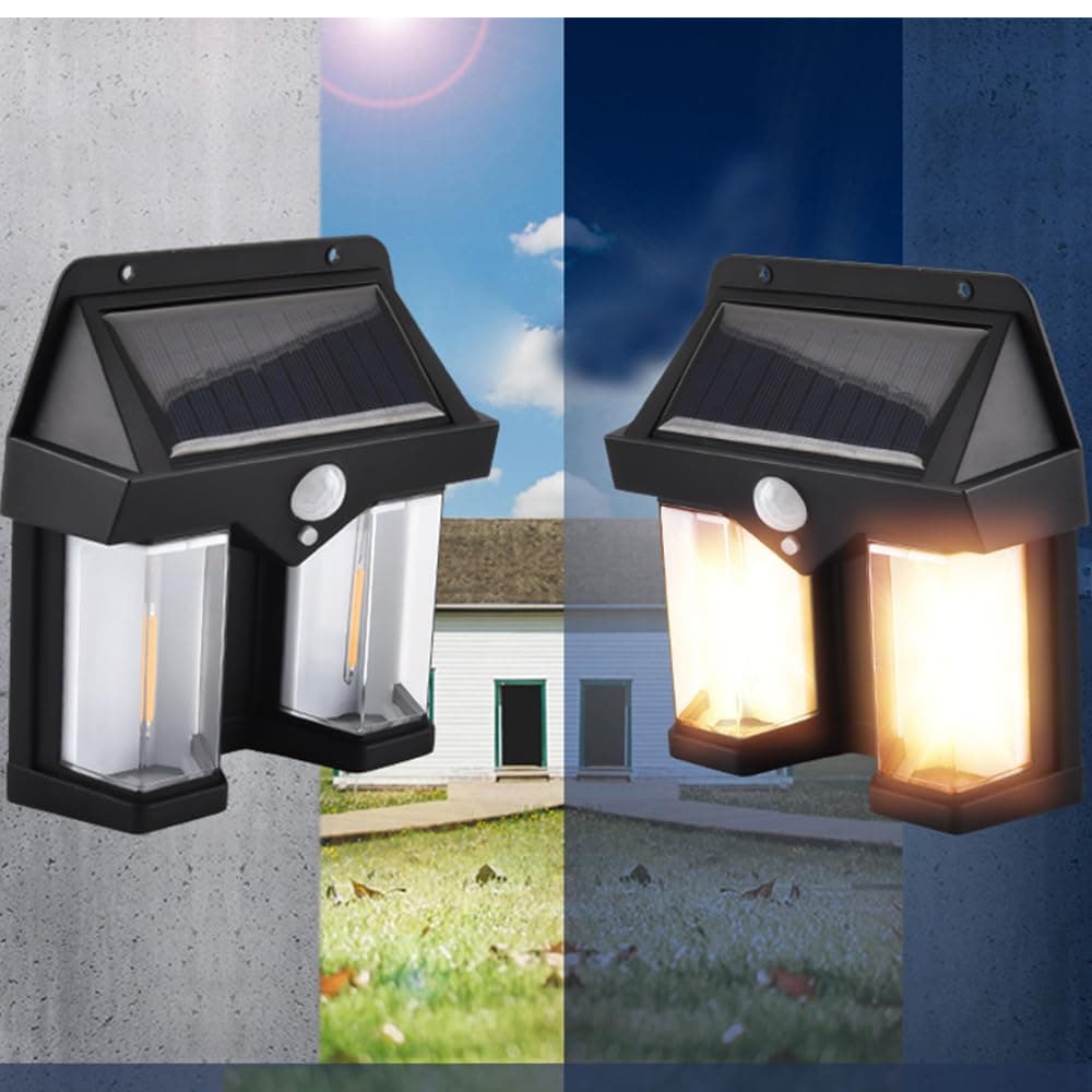 Outside Solar Induction Wall lamp Warm Light Dual Core， Wireless Dusk to Dawn Motion Sensor LED Sconce Lights IP65 Waterproof.