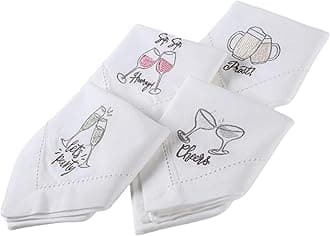 Embroidered Cloth Napkins Set of 4 – 18x18 Inch White Cotton Napkins with Cheers, Let’s Party, Happy & Pretzel Designs – Reusable Table Linen for Dinner, Wedding, Bar – Bedding Craft