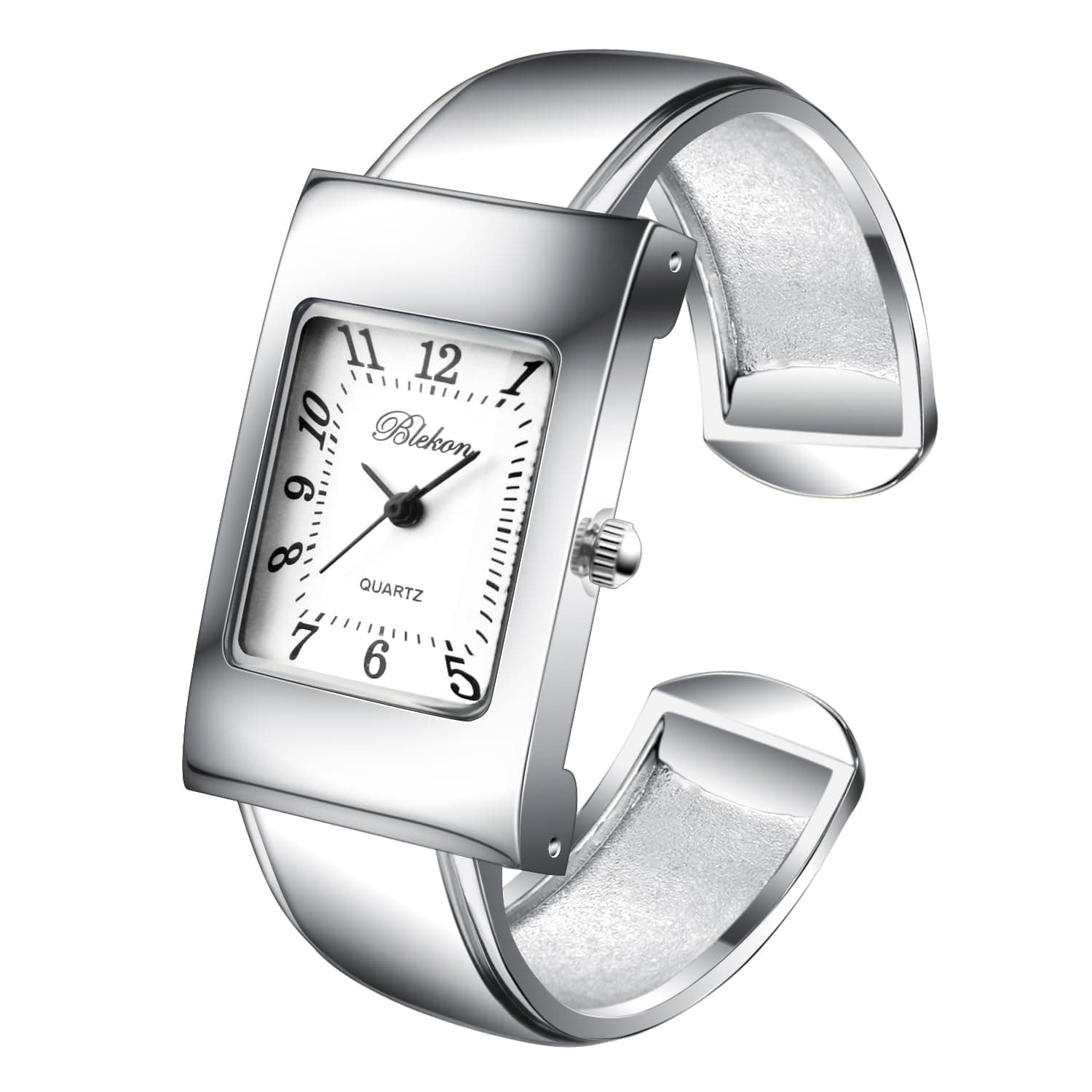 Silver Tone Rectangle Case Easy to Read Small Size Women's Bangle Cuff Watch