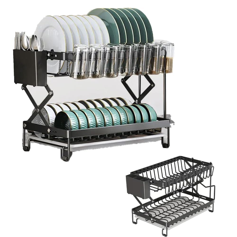 Cloyster Over Sink Dish Drying Rack Adjustable Large Dish Drainer for Storage Kitchen Counter Organization, 2 Tier Carbon Steel Over Sink Dish Rack Display… (Zig-ZAG)