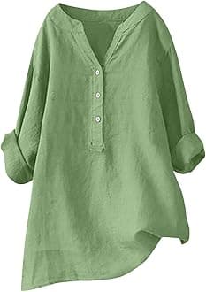 Linen Shirts for Women 2025 Buttons V Neck Cloths Long Sleeve Pockets Tshirt Trendy Dressy Blouses Casual Tunic Tops