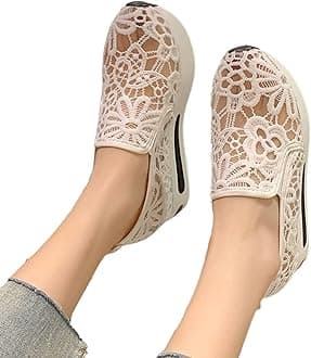 Hbeylia Platform Wedge Fashion Sneakers for Women Casual Embroidery Floral Mesh Air Lace Chunky Bottom Hidden High Heels Slip On Loafers Walking Work Shoes Arch Support Low Top Play Sneakers
