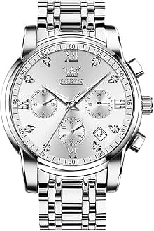 Men's Gold Watches with Two Tone Stainless Steel Band, Classy Large Face Diamond Chronograph Watches for Men, White Face/Silver Strap, round