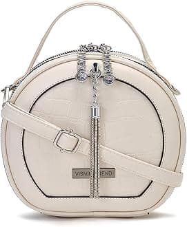 Stylish Vegan Leather Round Sling Side Bags for Women and Girls | Tassel | Hand Held | Crossbody | Satchel | Birthday Gift for Wife | Rakhi Gifts for Sisters | Bhabhi, Cat_Beige, S