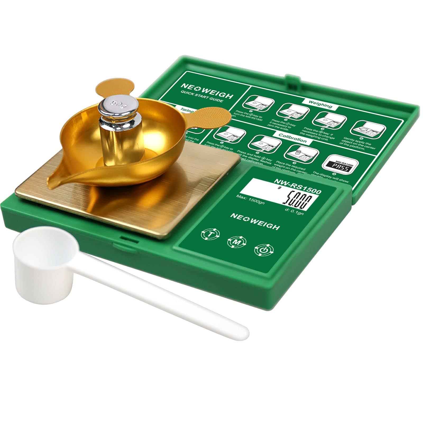 Reloading Scale, Powder Scale for Reloading, 1500 Grains x 0.1 gn, Digital Powder Scale, 100g by 0.01g, Metal Pan, Powder Scoop,50g Cal Weight (Batteries Included)
