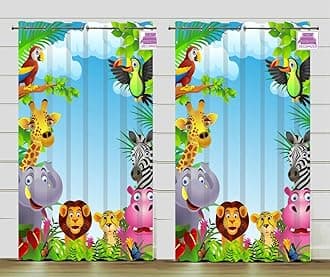DECOMIZER Jungle Printed Kids Opaque Curtains For Kids Room, Nursery, Bedroom Playroom (2 Panels, 4X5 Feet) Cute Curtain For Kids Room, Kids Curtain, Printed Curtain, Grommet Window,Multicolor