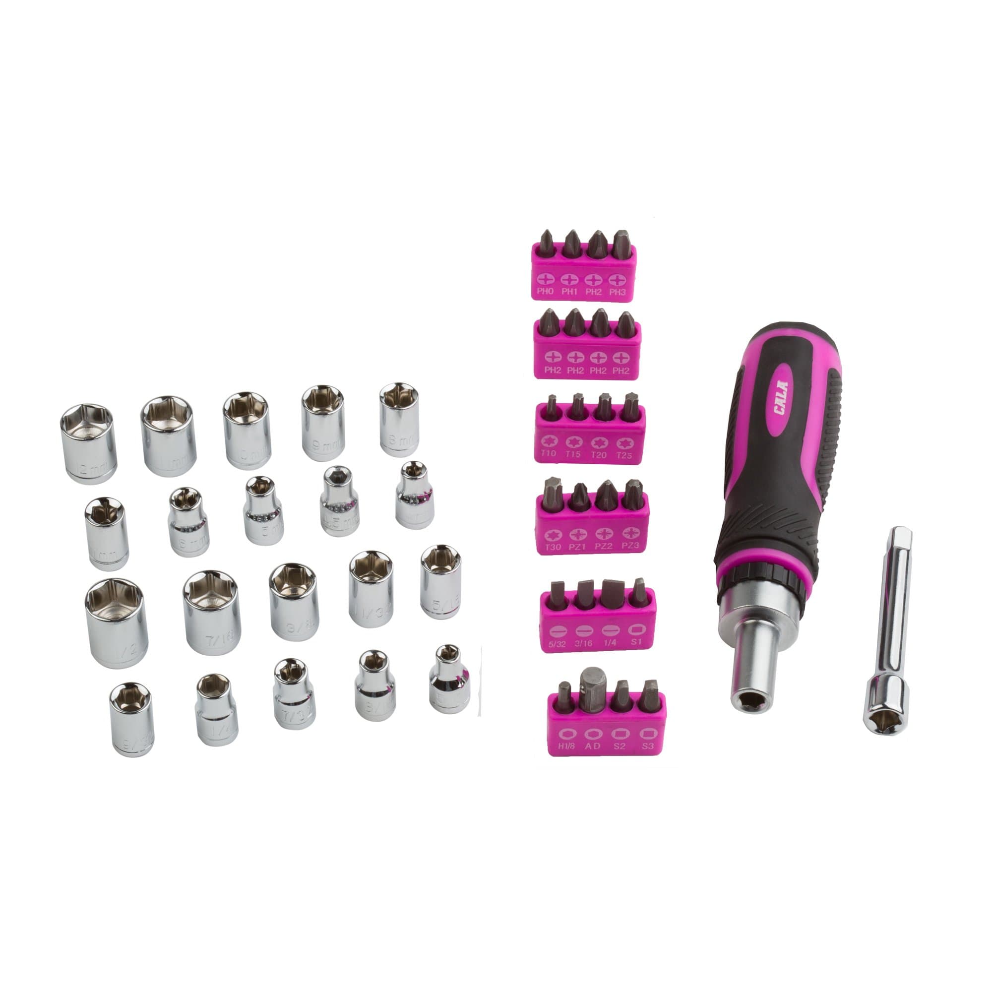 Cala Tools KDE52SBPC Ratcheting Driver with Socket and Bits Set, Pink