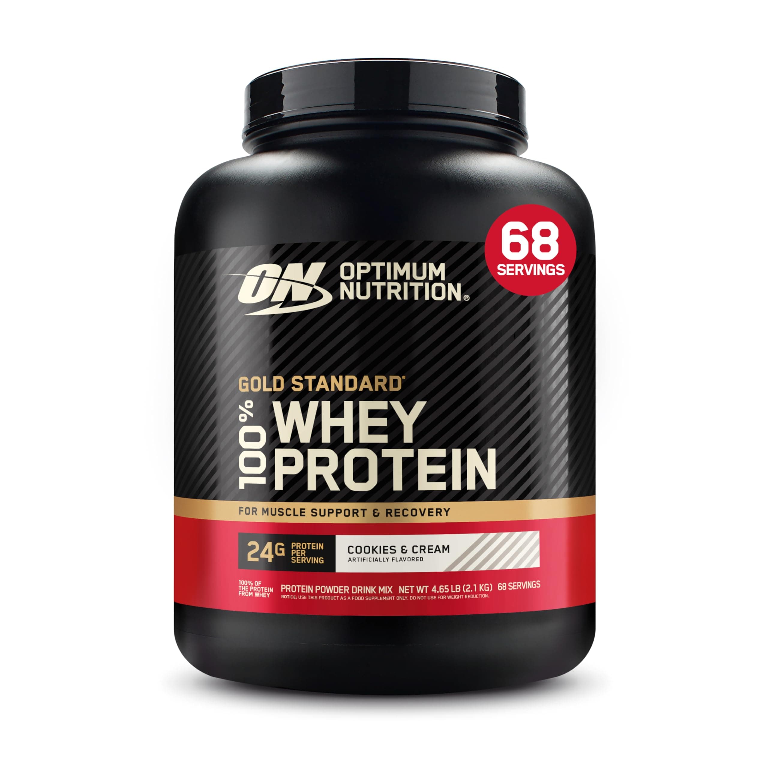(ON) Gold Standard 100% Whey Protein Powder Primary Source Isolate, 24 Grams of Protein for Muscle Support and Recovery - Cookies & Cream, 4.65 Lbs, 68 Servings (2.11 KG)