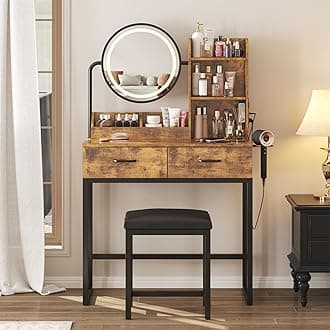 Vabches Makeup Vanity Desk with Round Mirror and Lights, Vanity Makeup Table with 2 Drawers, Small Vanity Table for Bedroom with Lots Storage (Brown with Charging, 15.75 * 31.5 * 53.6in)