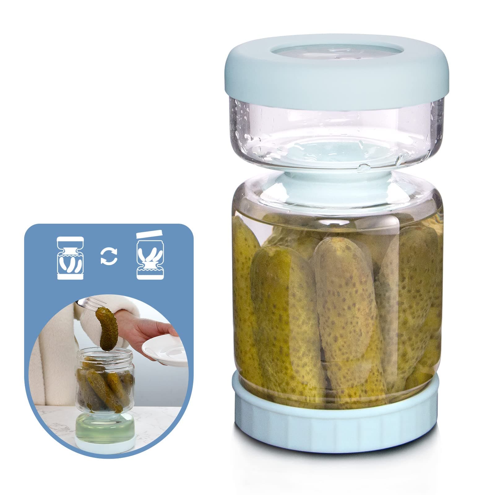 WhiteRhino Glass Pickle Jar with Strainer Flip,34oz Pickle Container,Hourglass Pickle Juice Separator Jar for Olives,Gherkins or Sliced,Leakproof Dishwasher Safe