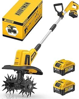 Alloyman 20V Cordless Tiller Cultivator, 360RPM Electric Garden Tiller, with 2 * 4.0Ah Batteries & Charger, 9In Tilling Width and 6.6In Depth Garden Rototiller for Lawn/Gardening/Soil Cultivation