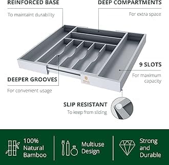 ROYAL CRAFT WOOD Luxury Bamboo Caddy Kitchen Drawer and Silverware Organizer, Utensil Holder and Cutlery Tray with Grooved Drawer Dividers for Flatware 9 Slot, Gray