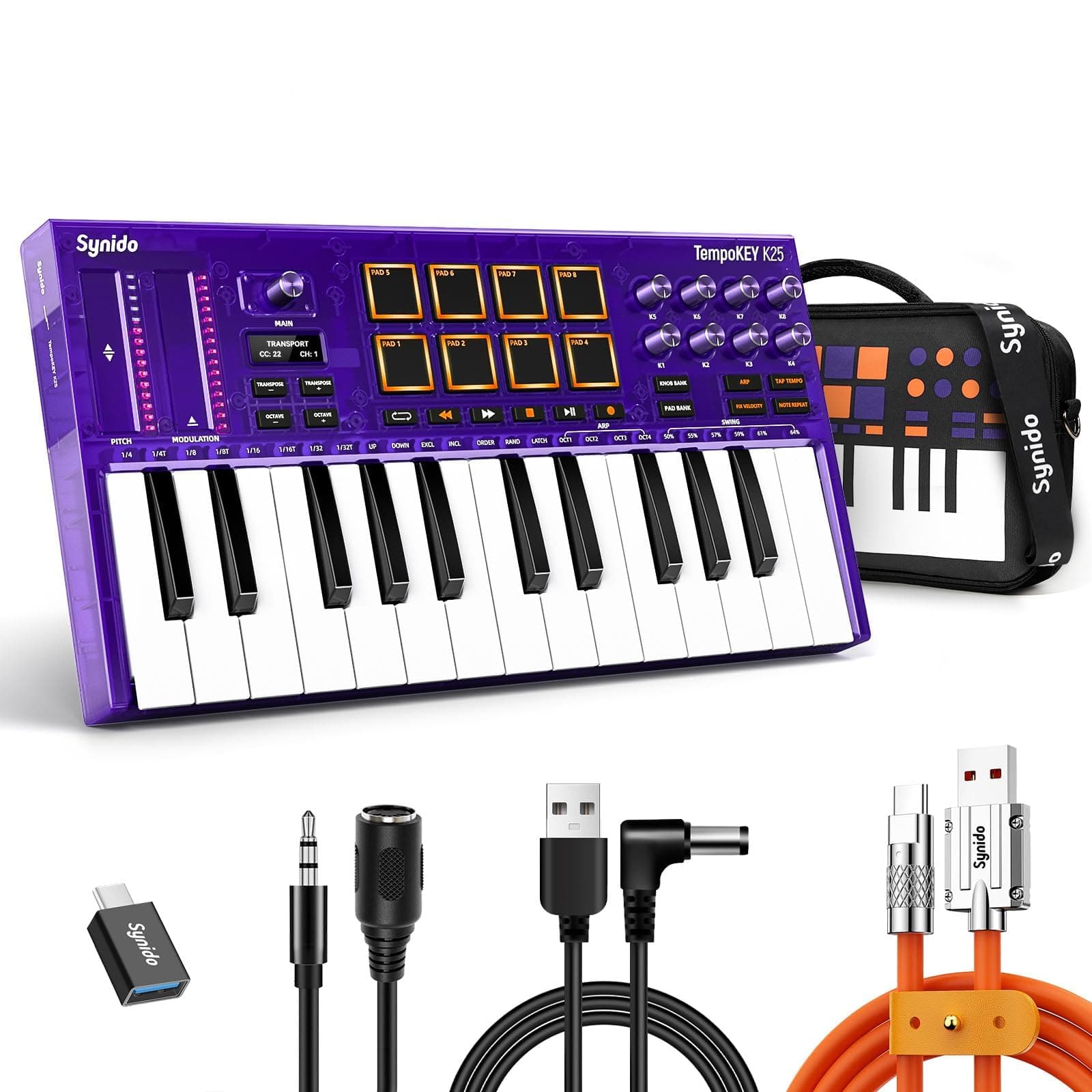25 Key USB MIDI Keyboard Controller with Drum Pads, Professional Mini Midi Keyboard with OLED Screen, Beat Maker Machine for Music Production, Purple, TempoKEY K25