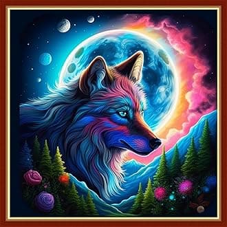 Findvoor Stamped Cross Stitch Kits for Beginners Full Range of Cross Stitching Embroidery Pattern for Adults, 11CT DIY Needlepoint Embroidery Starter Kits-Moonlight Wolf 17.7x17.7 inch