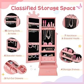 Costzon Kids Jewelry Armoire Cabinet, 45” Standing Jewelry Organizer with Full-Length Mirror, 3 Storage Drawers, Kids Vanity Dress Up Mirror Jewelry Cabinet for Girls (Pink)