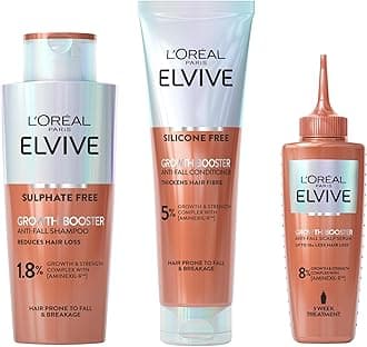 – L'Oreal Paris Elvive Growth Booster Set, Anti Hair Loss Shampoo, Conditioner & Serum, Aminexil, Niacinamide & Ginger Extract, Reduces Hair Loss, 200ml, 150ml & 102ml