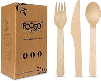 FOOGO Green 150pcs Disposable Wooden Cutlery Set, FSC® Certified, 50 x Forks 50 x Spoons 50 x Knives, 16cm, Biodegradable, Eco-Friendly, Compostable, Party Picnic, Like Bamboo