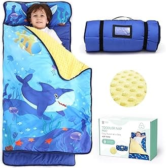 ACRABROS Toddler Nap Mat with Pillow and Blanket, Extra Large Rolled Napping Mats,Slumber Bags for Boys Girls,Kids Sleeping Bag for Daycare, Preschool Travel Camping, Shark