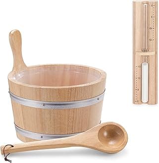 Navaris Wooden Sauna Bucket with Ladle - Essential Spa Accessory for Steam Room with 1.3 Gallon Africa Wood Bucket, Plastic Liner, Ladle, Sand Timer
