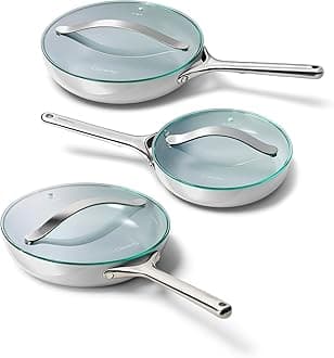 Caraway Ceramic Nonstick Fry Pan Set with Glass Lids – Includes Two 10.5” Fry Pans, One 8” Fry Pan, & Three Lids - Non Toxic, PTFE & PFOA Free - Oven Safe & Compatible with All Stovetops - Gray
