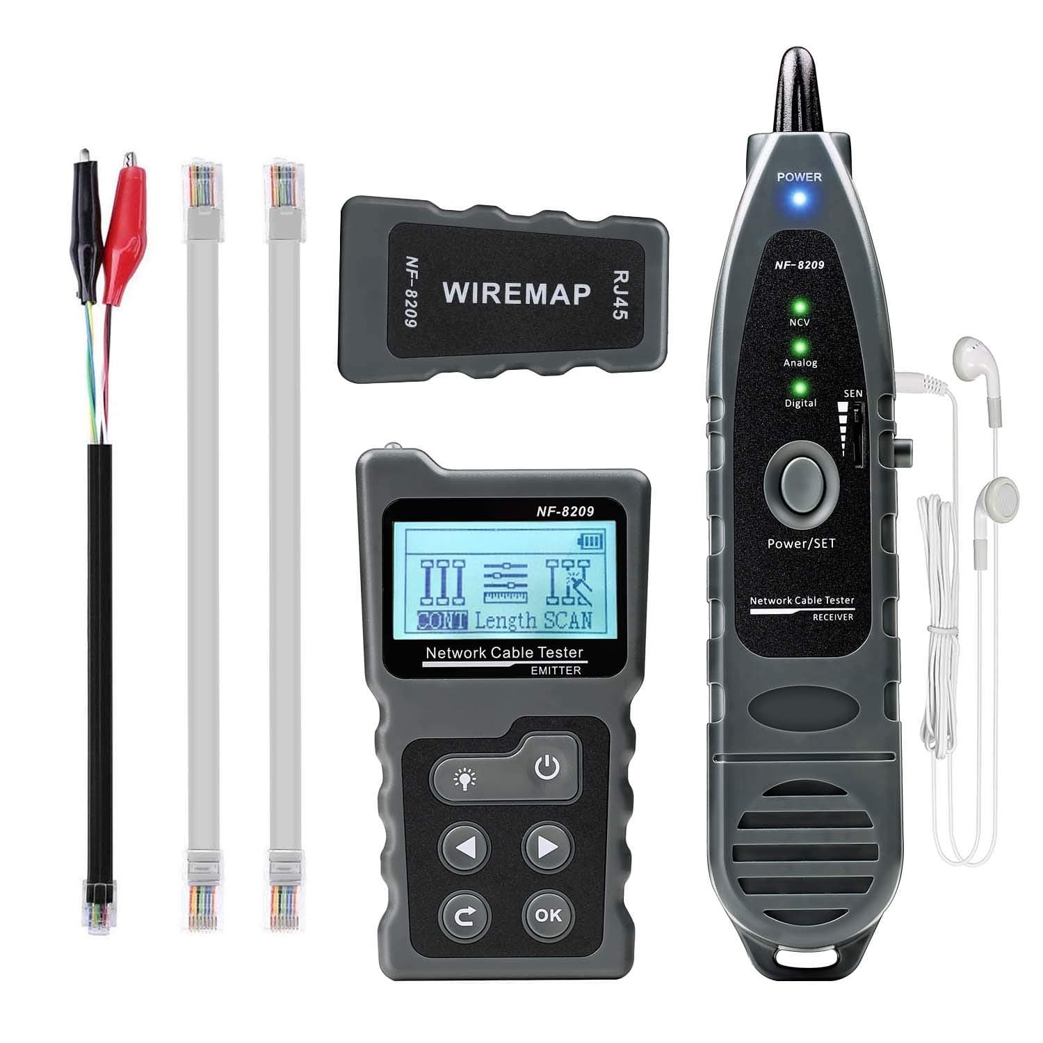 Network Cable Tester, Ethernet Wire Tracer with NCV & Lamp for CAT5 CAT6, PoE Tester Detect Voltage Measure Fault Distance by TDR NF-8209