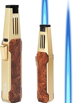 Butane Torch Lighter, Welding Torch,Super Long Flame,Refillable Kitchen Cooking Torch Windproof Adjustable Flame Solar Beam Torch Blow Torch with Safety Lock，Walnut Gold Style