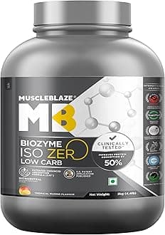 MuscleBlaze Biozyme Iso-Zero, Low Carb Whey Protein Isolate Powder, 27g Isolate Whey Per Scoop (Tropical Mango, 2kg / 4.4lbs) | USA Patent-Published Enhanced Absorption Formula (EAF)