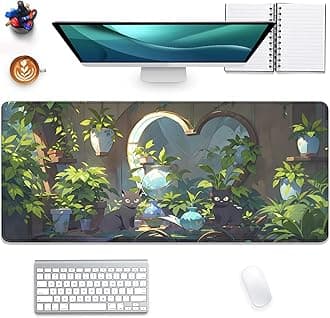Lofi Cat Mouse Pad Green Plant Desk Pad,Black Cat Extended Gaming Mouse Mat with Stitched Edges Non-Slip Waterproof Rubber Base Mous Mat for Office,Computer,Keyboard,Laptop,Home Desk Pad(27.5X11.8 in)