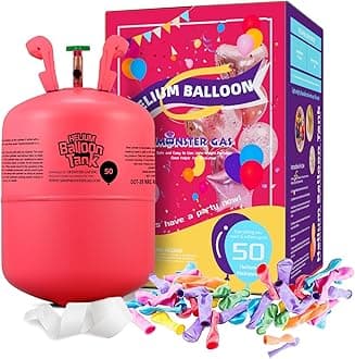 Monster Gas 13L Helium Tank For Balloons At Home, Balloon Helium Tank Up To 50 Latex Balloons, Small Helium Tanks, Attachment: 50 9" Latex Balloons+3 White Ribbon
