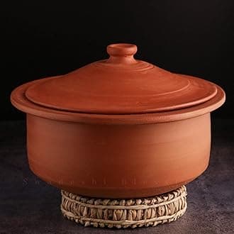 Swadeshi Blessings HandMade Exclusive Range Unglazed Earthen Kadai/Mud Handi/Mitti Ke Bartan/Clay Pot for Cooking & Serving with Lid(with Mirror Shine) + Free Palm Leaf Stand (5 Liters)
